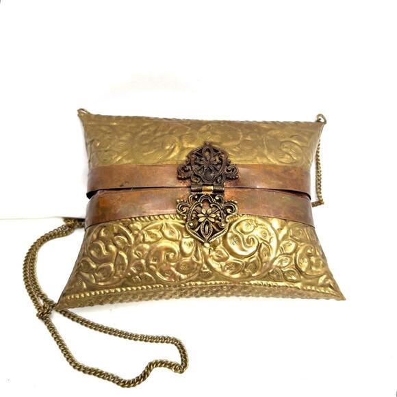 Vintage Brass & Copper Pillow Purse Art Deco Mid Century Bag Shoulder Purse